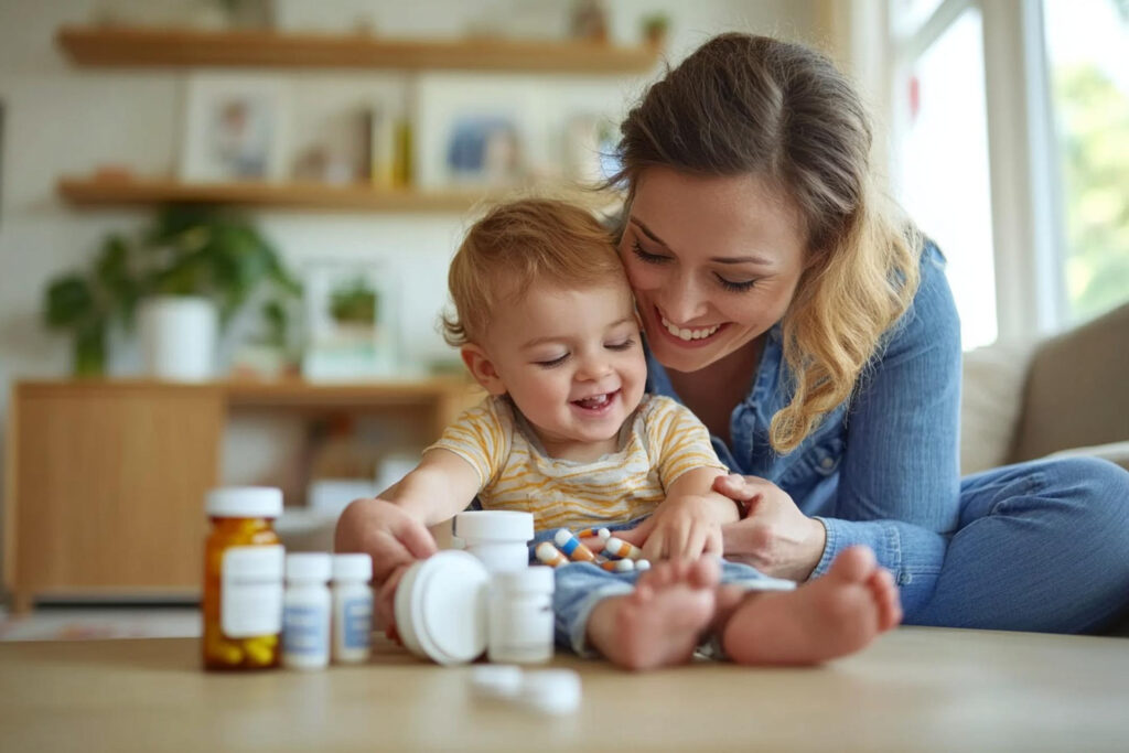 Gelukkige moeder en baby met supplementen in potjes