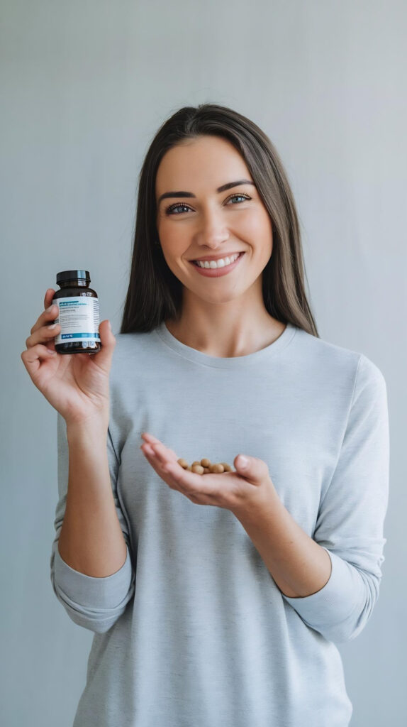 vrouw in blauw shirt met doos supplementen